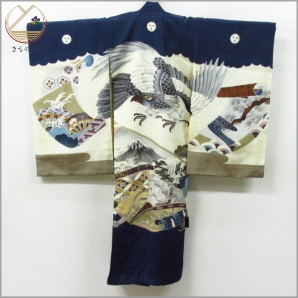 * kimono 10* 1 jpy silk child kimono production put on for boy hawk volume thing . pine .... length 96cm.45cm [ including in a package possible ] **