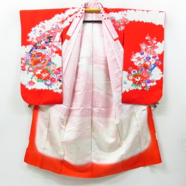 * kimono 10* 1 jpy silk child kimono The Seven-Five-Three Festival for girl 7 -years old for gold piece embroidery ..... plum . length 134cm.57.5cm [ including in a package possible ] **