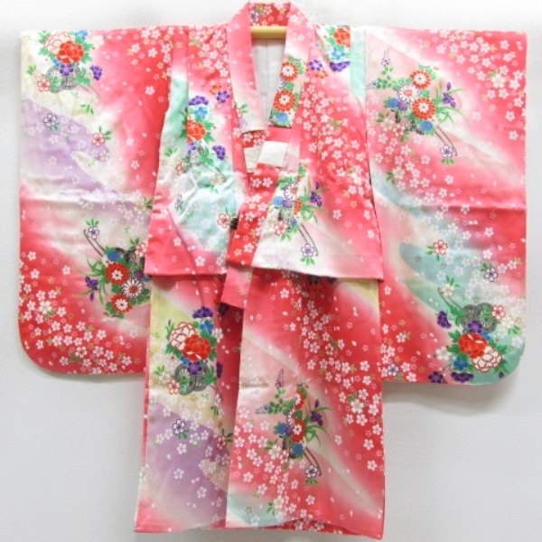 * kimono 10* 1 jpy silk child kimono The Seven-Five-Three Festival for girl 3 -years old for Sakura blow snow flower car . plum ..... length 95cm.48cm [ including in a package possible ] ***