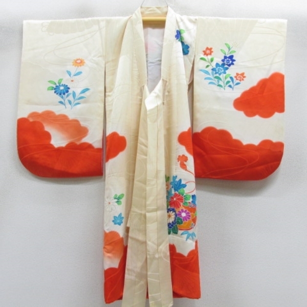 * kimono 10* 1 jpy silk child kimono The Seven-Five-Three Festival for girl 3 -years old for gold piece embroidery .. maple .. branch plum .. length 96cm.46.5cm [ including in a package possible ] **