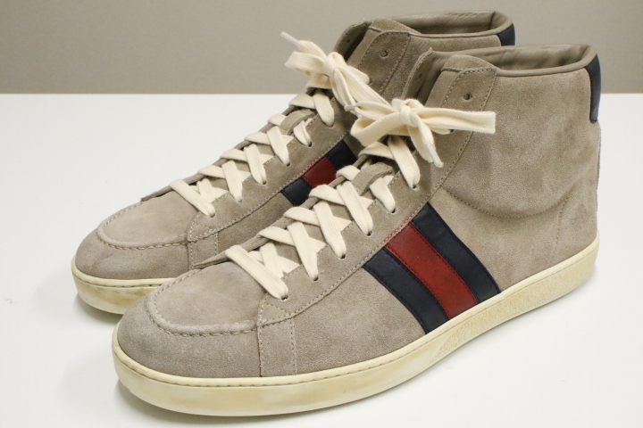 GUCCI ロゴ シェリーライン ハイカット レザー ハイトップ スニーカー シューズ グッチ メンズ ウェブストライプ スエード 茶 革靴 9(28.0)