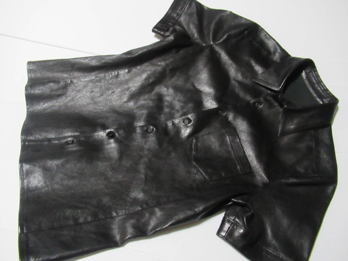 イタリア製 サンフレール 柔らか本革レザー半袖シャツ黒 S sariater 