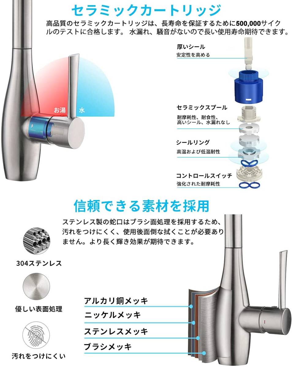 CREAキッチン用水栓 タッチセンサー水栓 引き出し式蛇口 キッチン混合水栓 キッチン蛇口 直流＆シャワー 節水エコハンドル 