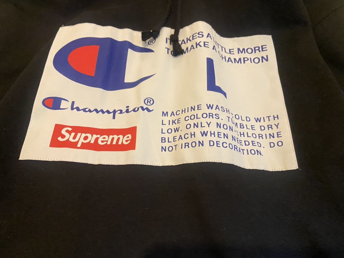 18AW Supremeシュプリーム Championチャンピオン コラボ Label Hooded Sweatshirt スウェット パーカーL/プルオーバー フーディ/黒/メンズ_画像3