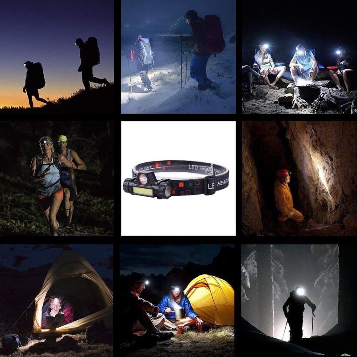 LEDヘッドライトランプ　USB充電式　90度回転　屋外キャンプ　サイクリング　登山　夜釣り　アウトドア　夜間作業