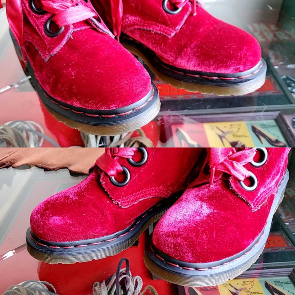 945◆ドクターマーチン Dr.Martens ベロア 5ホールブーツ UK5/24-24.5cm位 赤系 レッド レディース 中古 USED