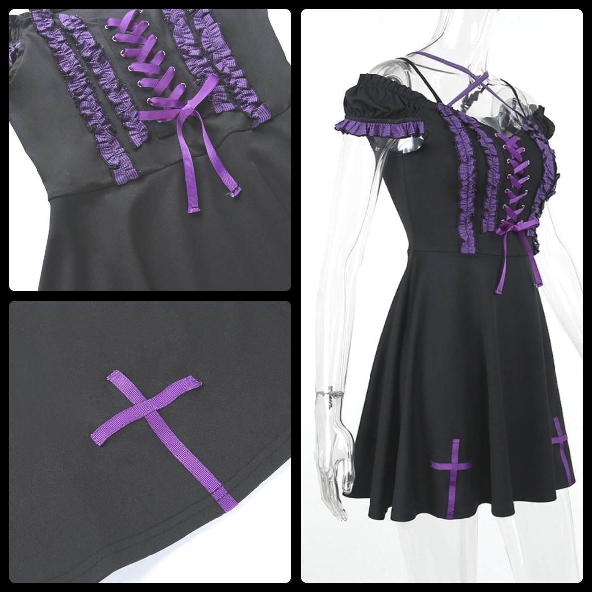●ブラック×紫のミニワンピース★パープルリボンドレス★フリルと裾のクロスで病みかわゴシック★インナーでオールシーズンOK