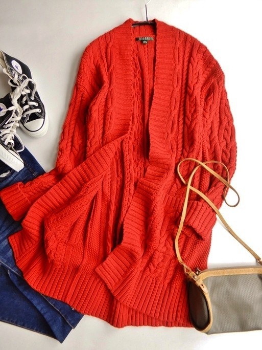 ラルフローレン RALPH LAUREN 大人可愛いきれい色ケーブル編みミドルロング上質コットン羽織りカーディガン♪_画像2