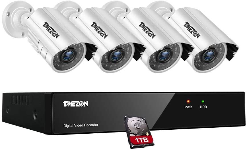 おすすめ TMEZON 防犯カメラ4台セット 4CH防犯防犯レコーダー＆ HD 1280TVL 720P画素（1TB HDD内蔵） PC簡単遠隔監視対応_画像1