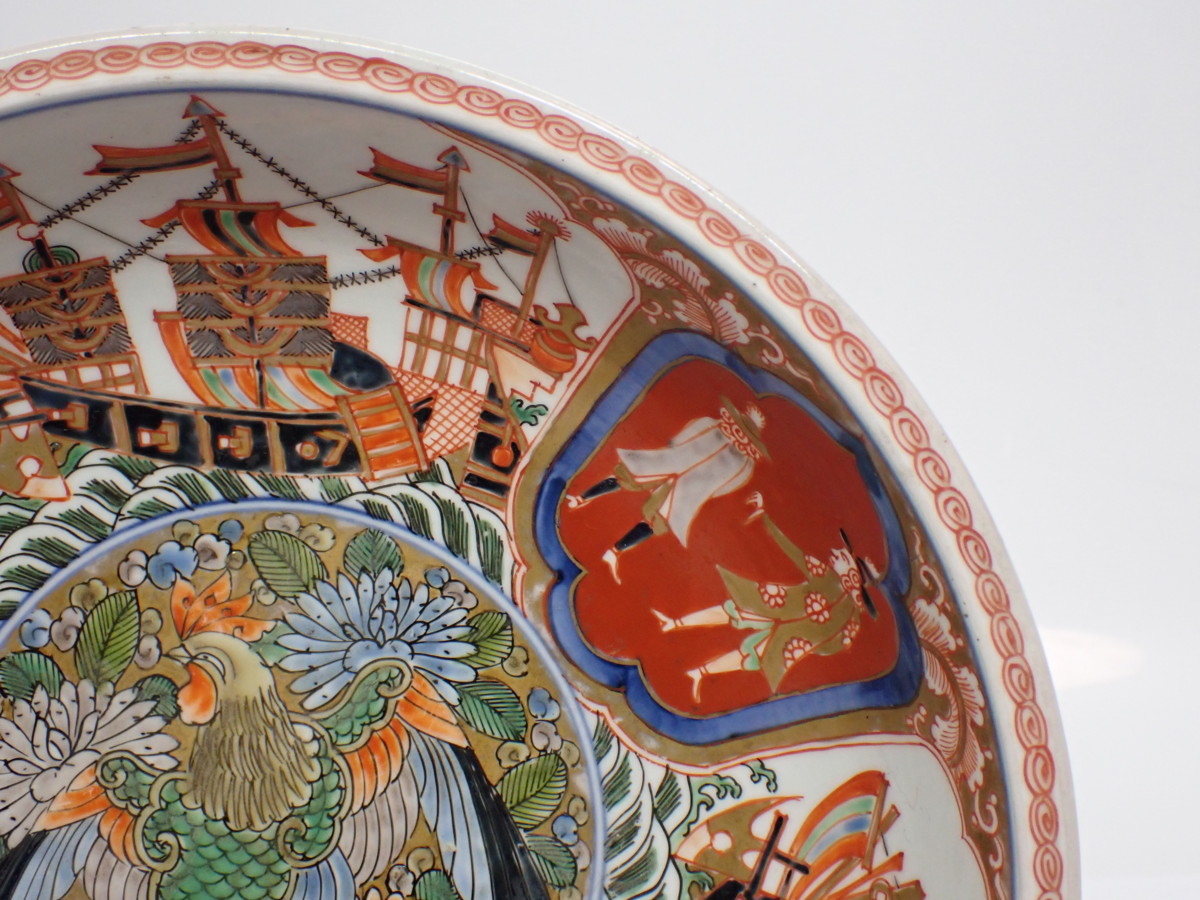 江戸後期古伊万里染錦護送船南蛮人の図大鉢時代木箱付直径:24.8cm