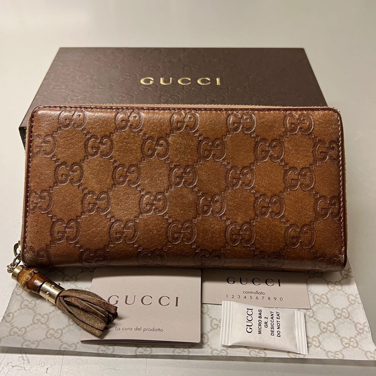 未使用に近い! グッチ GUCCI 財布 長財布 シマレザー バンブー タッセル ラウンドファスナー