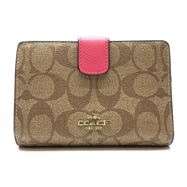 美品 COACH コーチ 53562 シグネチャー 二つ折り 財布 ベージュ ピンク コンパクトウォレット コインケース レディース 管理RY22000298_画像1