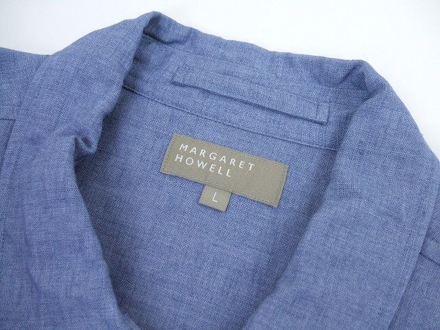 2-0112M☆ MARGARET HOWELL 定価30000円 CHANBRAY SHIRTING LINEN 579-0150617 サイズL リネンシャツ ブルー マーガレットハウエル 184643_画像3