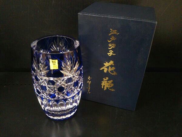 極美品 カガミクリスタル 江戸切子 花瓶 笹葉 八角籠目 青 高さ19cm