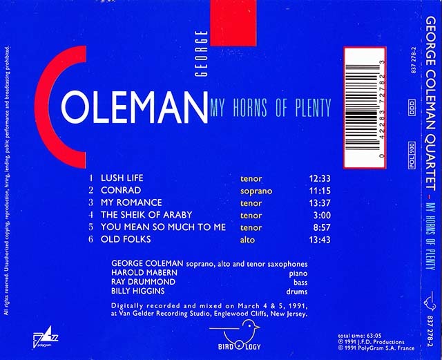 ★ 廃盤CD ★ George Coleman Quartet ジョージ・コールマン ★ [ My Horns Of Plenty ] ★ 素晴らしいアルバムです。_画像7