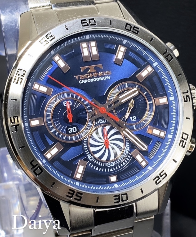 新品 TECHNOS テクノス 正規品 腕時計 メンズ クロノグラフ アナログ腕時計 多機能腕時計 １０気圧防水 スポーツ ブルー ピンクゴールド_画像1