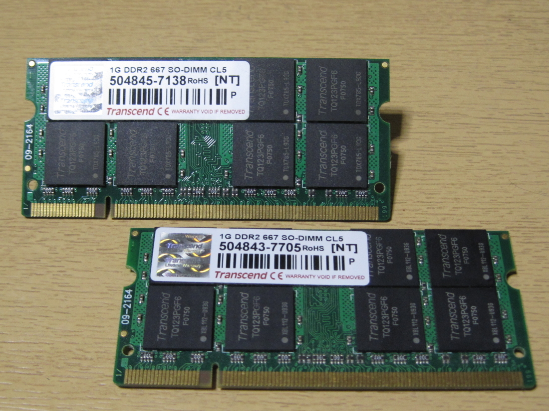 ☆★ジャンクPCパーツ★☆ Transcend DDR2-667 PC5300 1GB 200pin 2枚セット♪ ★両面チップ搭載★ 計2GB！出品時動作確認 SET-MDDR212_画像1