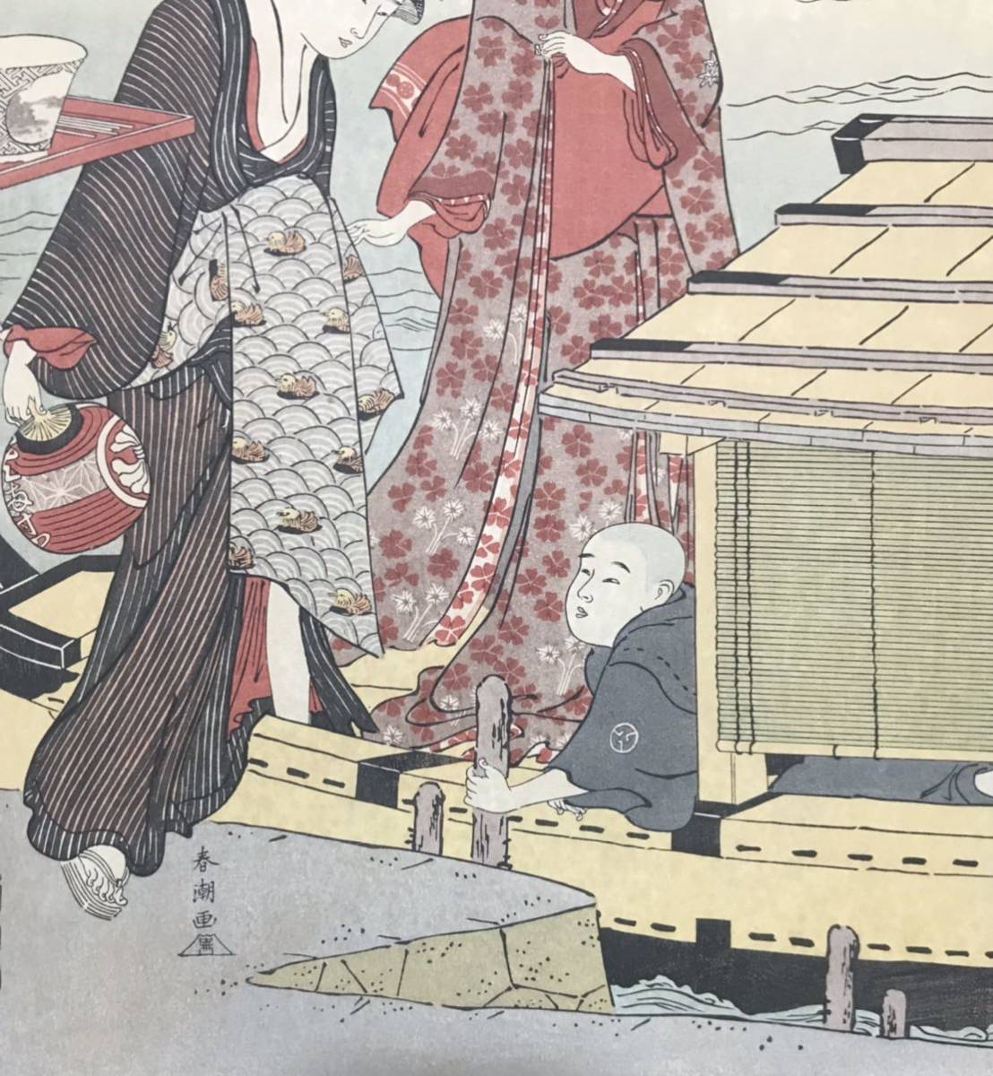 勝川春潮「黄昏の涼み舟」美人画 浮世絵 木版画 二枚続き 錦絵 勝川春潮「黄昏の涼み舟」美人画 浮世絵 木版画 二枚続き 錦絵