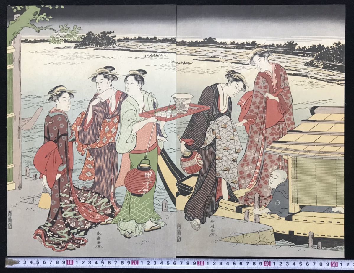 勝川春潮「黄昏の涼み舟」美人画 浮世絵 木版画 二枚続き 錦絵 勝川春潮「黄昏の涼み舟」美人画 浮世絵 木版画 二枚続き 錦絵