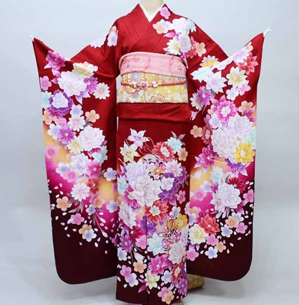 振袖 正絹 着物 単品 仕立て上がり 百花繚乱 花びらにラメ 濃赤×ボルドー 新品（株）安田屋 NO36292