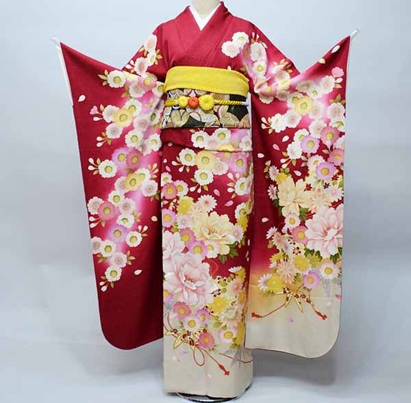 振袖 正絹 着物 単品 仕立て上がり 百花繚乱 ラメ 花刺繍 赤色 渋い赤色 新品（株）安田屋 NO36677