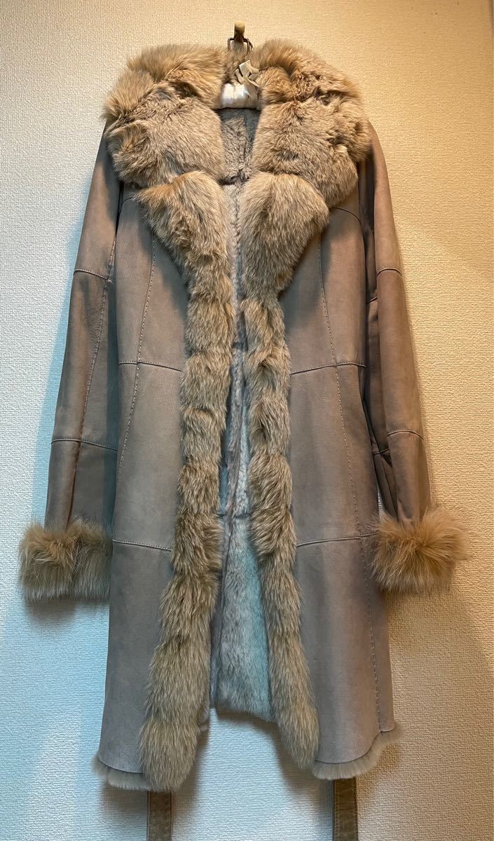 超軽量 ベルト付本革ムートンコート リアルファー付 グレージュ40