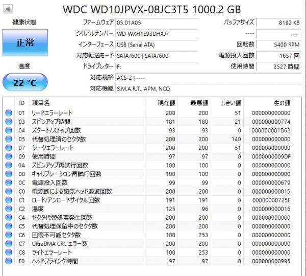 【使用時間2527時間】WD 1TB(1000GB) HDD WD10JPVX-08JC3T5 2.5インチ 9.5mm厚 CrystalDiskInfo正常判定【HXJ7】