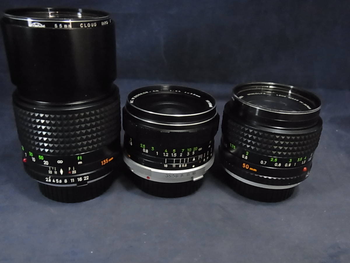 269★100円～★MINOLTA ミノルタ XE ボディ■レンズ3個付■ROKKOR-PG 1:1.4 f=50mm / ROKKOR-SG 1:3.5 28mm/ ROKKOR 1:2.8 f=135mm■美品