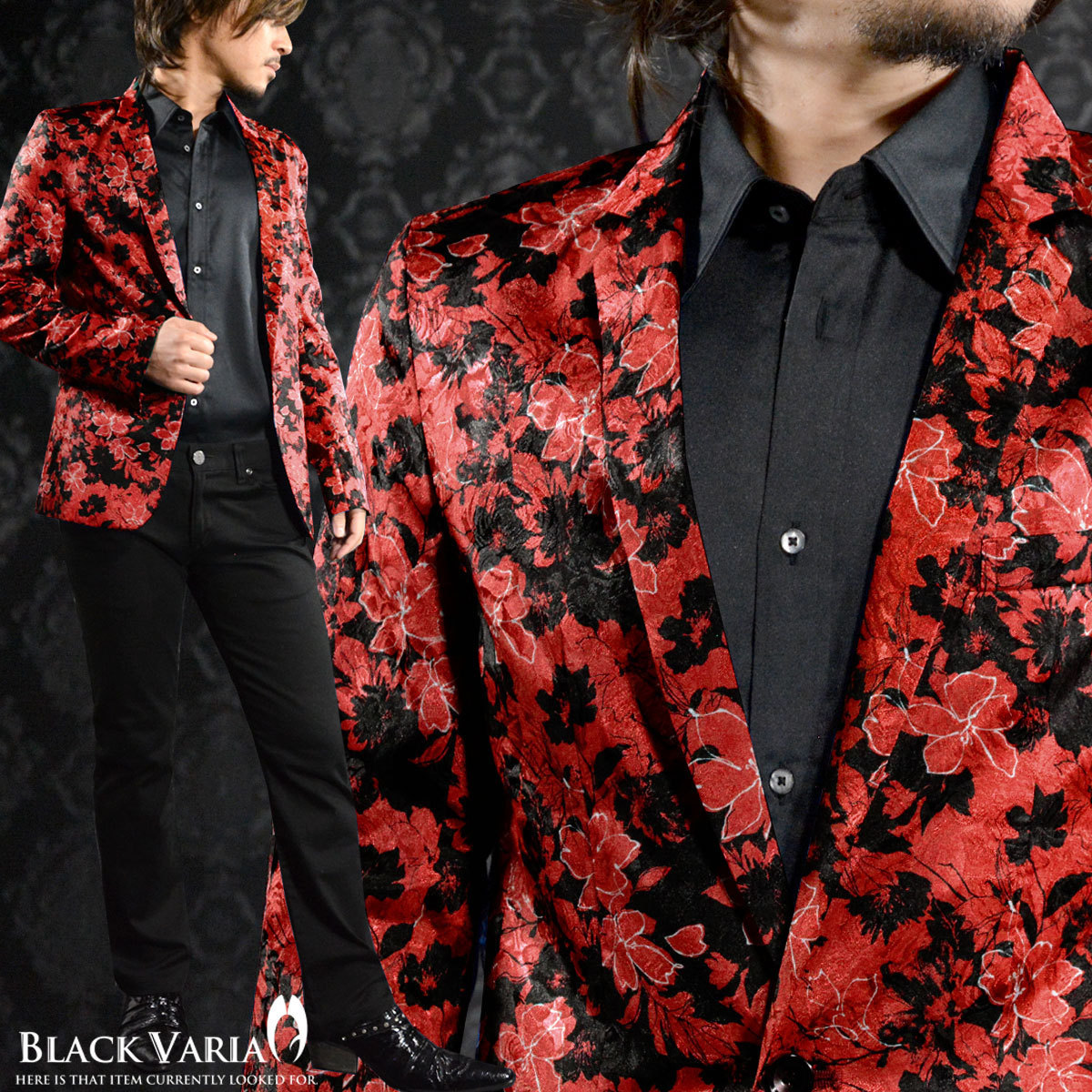 3#935721-re BLACK VARIA テーラードジャケット 花柄 ジャガード1釦
