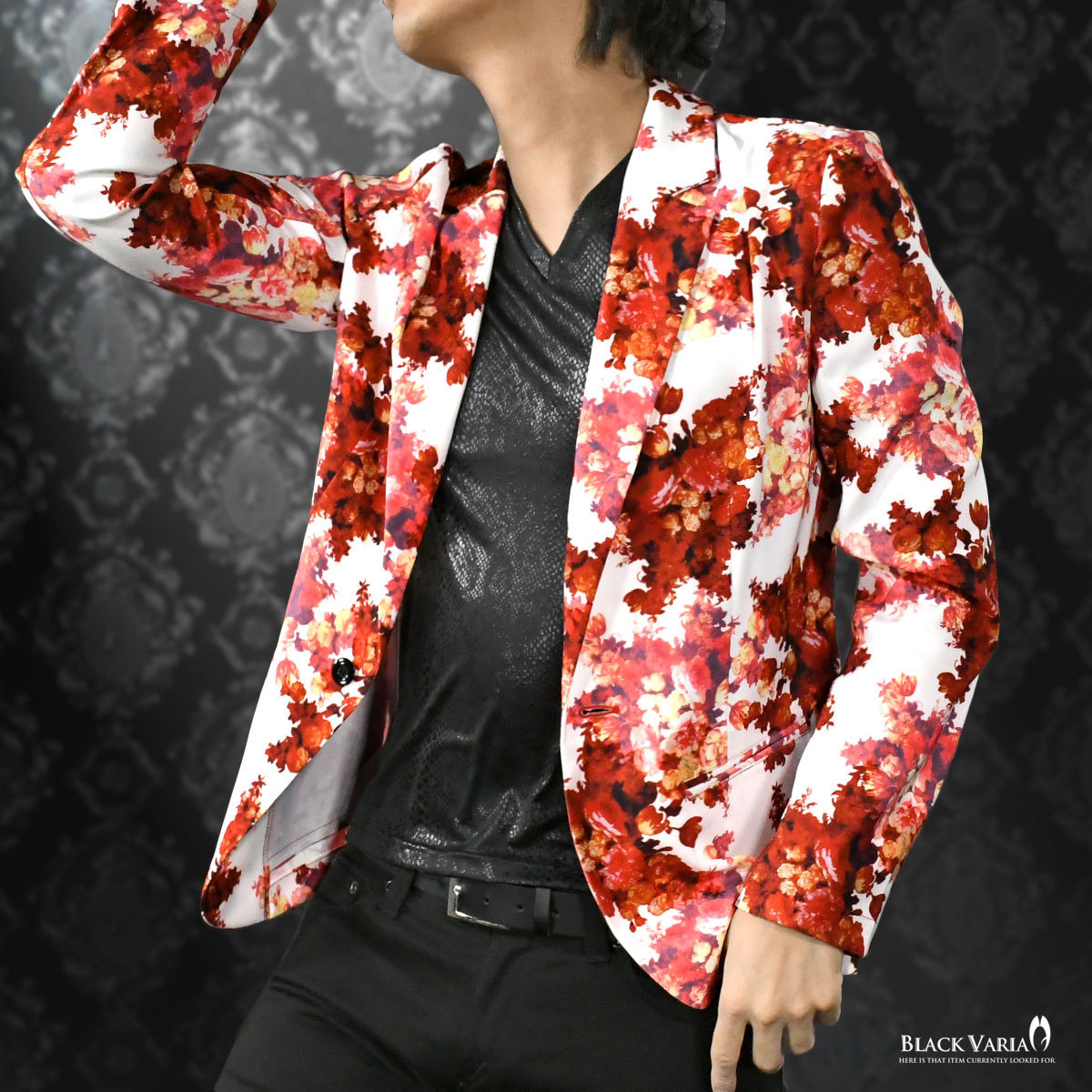 3#172750-whre BLACK VARIA フラワー ローズ 花柄 薔薇 ストレッチ 1ボタンカットジャケット メンズ (ホワイト白レッド赤) XL ステージ衣裳