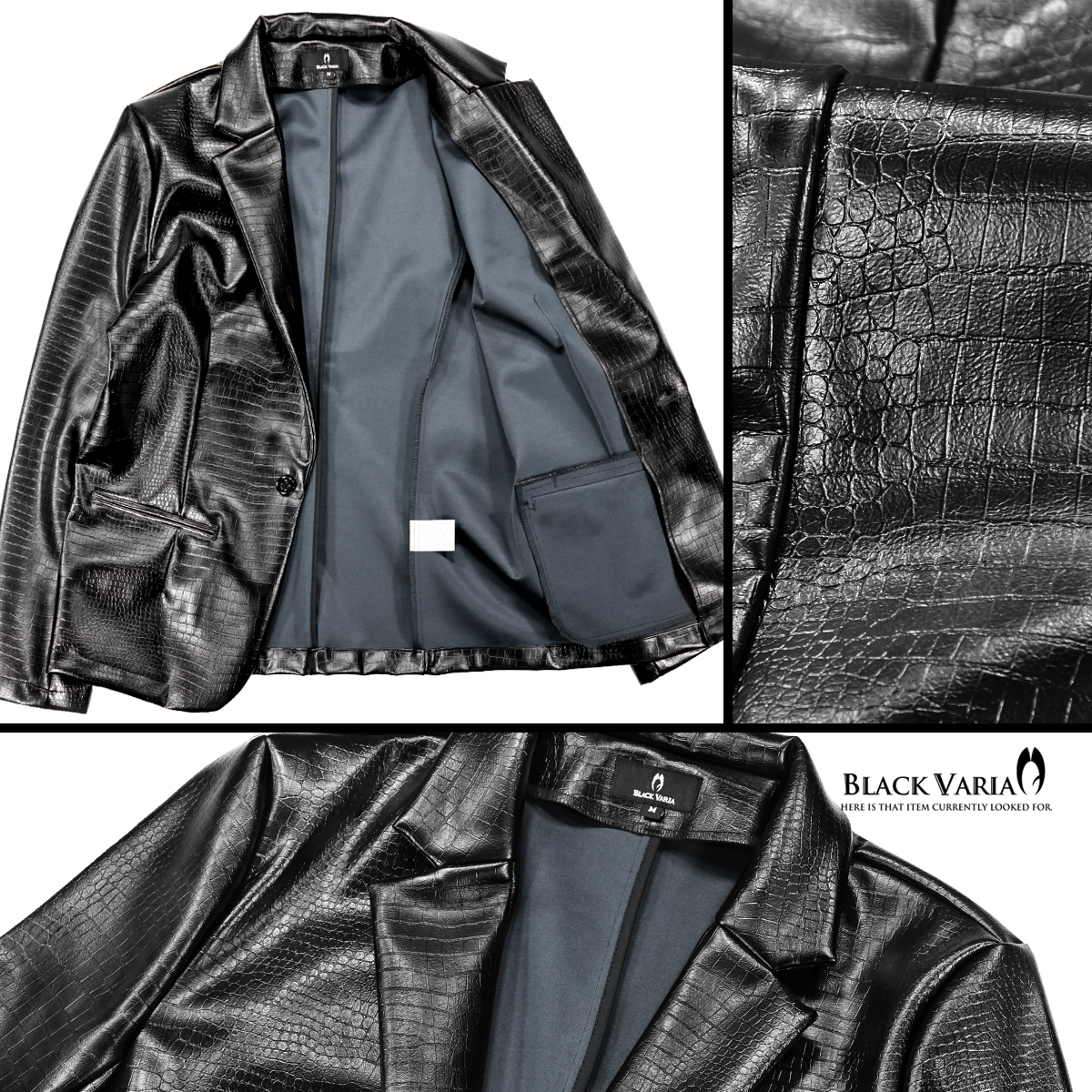 3#201250-bk BLACK VARIA PUレザー クロコダイル柄 1釦 ノッチドラペル テーラードジャケット メンズ(ブラック黒) M 合皮 型押し 裏地なし_画像4