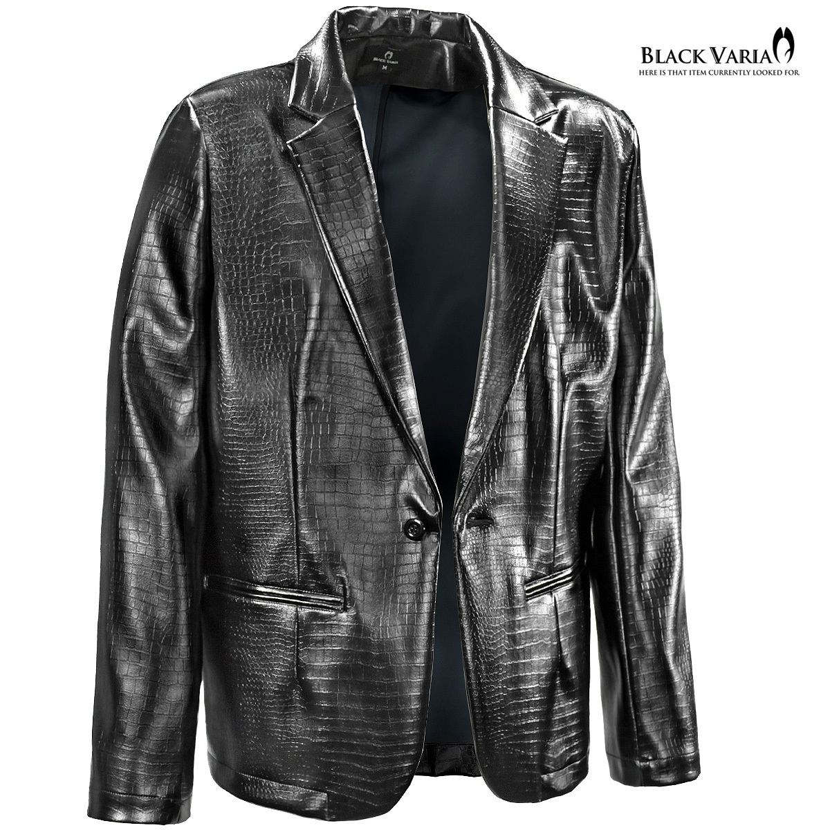 3#201250-bk ブラックバリア PUフェイクレザー ワニ柄 クロコ型押し 1ボタンテーラードジャケット メンズ(黒) M 合成皮革 裏地なし 日本製