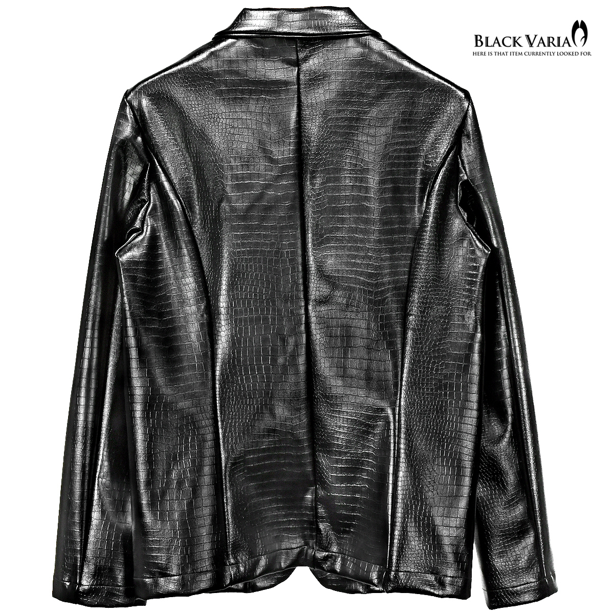 3#201250-bk BLACK VARIA PUレザー クロコダイル柄 1釦 ノッチドラペル テーラードジャケット メンズ(ブラック黒) M 合皮 型押し 裏地なし_画像5