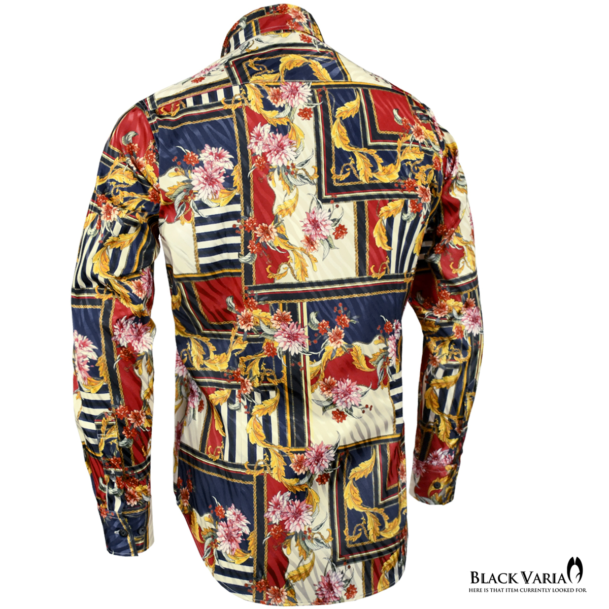 6#201350-beny BLACK VARIA ドゥエボットーニ スカーフ花柄 スナップダウン ジャガード長袖ドレスシャツ メンズ(ネイビー紺レッド赤) XL 2