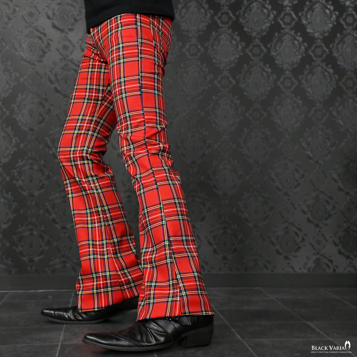 0#182751-re BLACK VARIA タータンチェック 裾広ブーツカット フレアパンツ ストレッチ メンズ (レッド赤) M29 舞台 ステージ衣裳 美脚