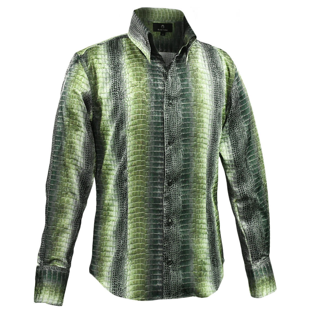 6#181721-gr BLACK VARIA クロコダイル ウロコ柄 イタリアンカラー ジャガード BD ドレスシャツ メンズ(グリーン緑) XL ショータイム 派手