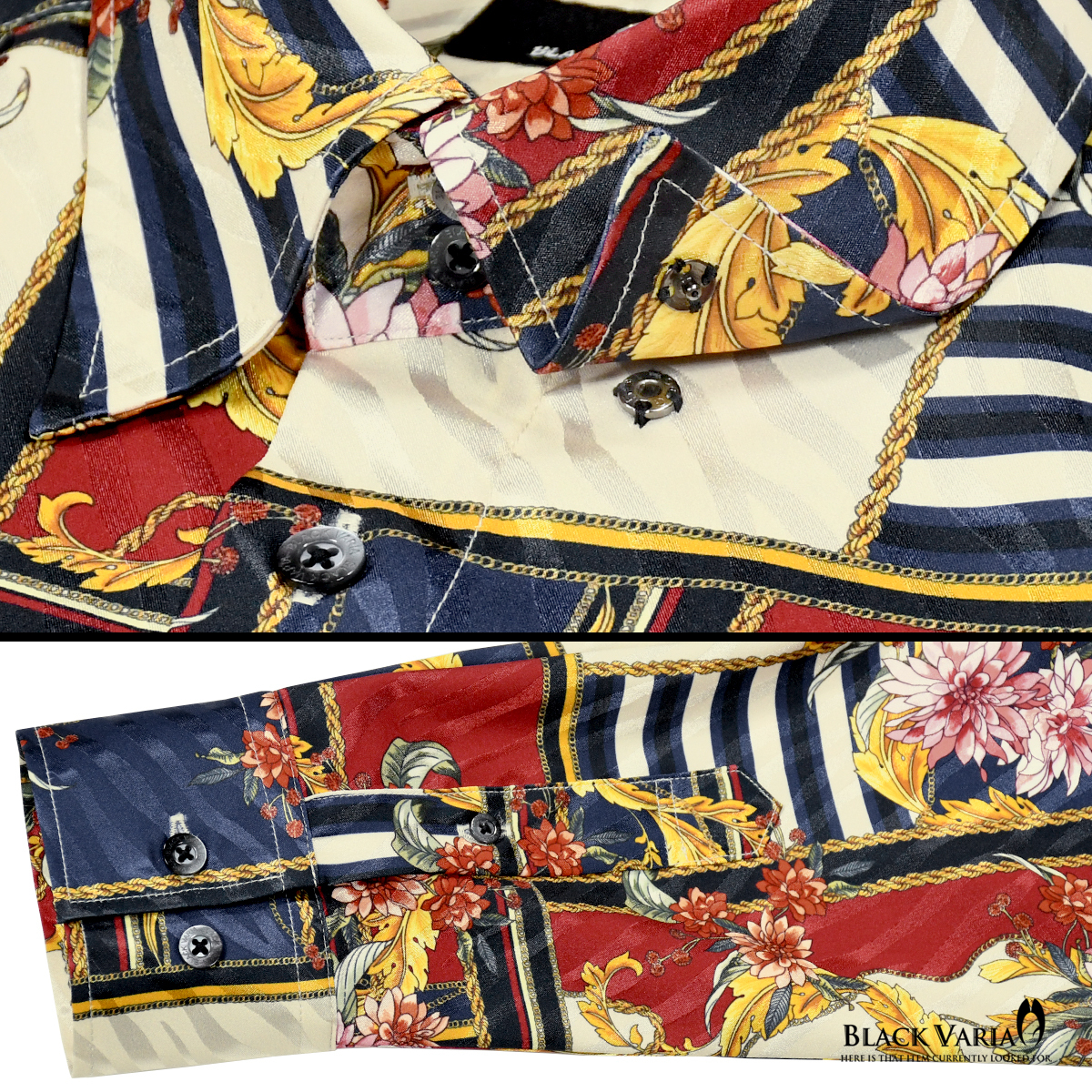 6#201350-beny BLACK VARIA ドゥエボットーニ スカーフ花柄 スナップダウン ジャガード長袖ドレスシャツ メンズ(ネイビー紺レッド赤) XL_画像5