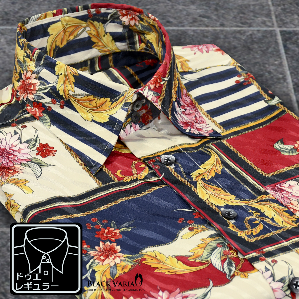 6#a201350-beny ブラックバリア ドゥエボットーニ スカーフ花柄[レギュラーカラー]ジャガード ドレスシャツ メンズ(ネイビー紺レッド赤) M