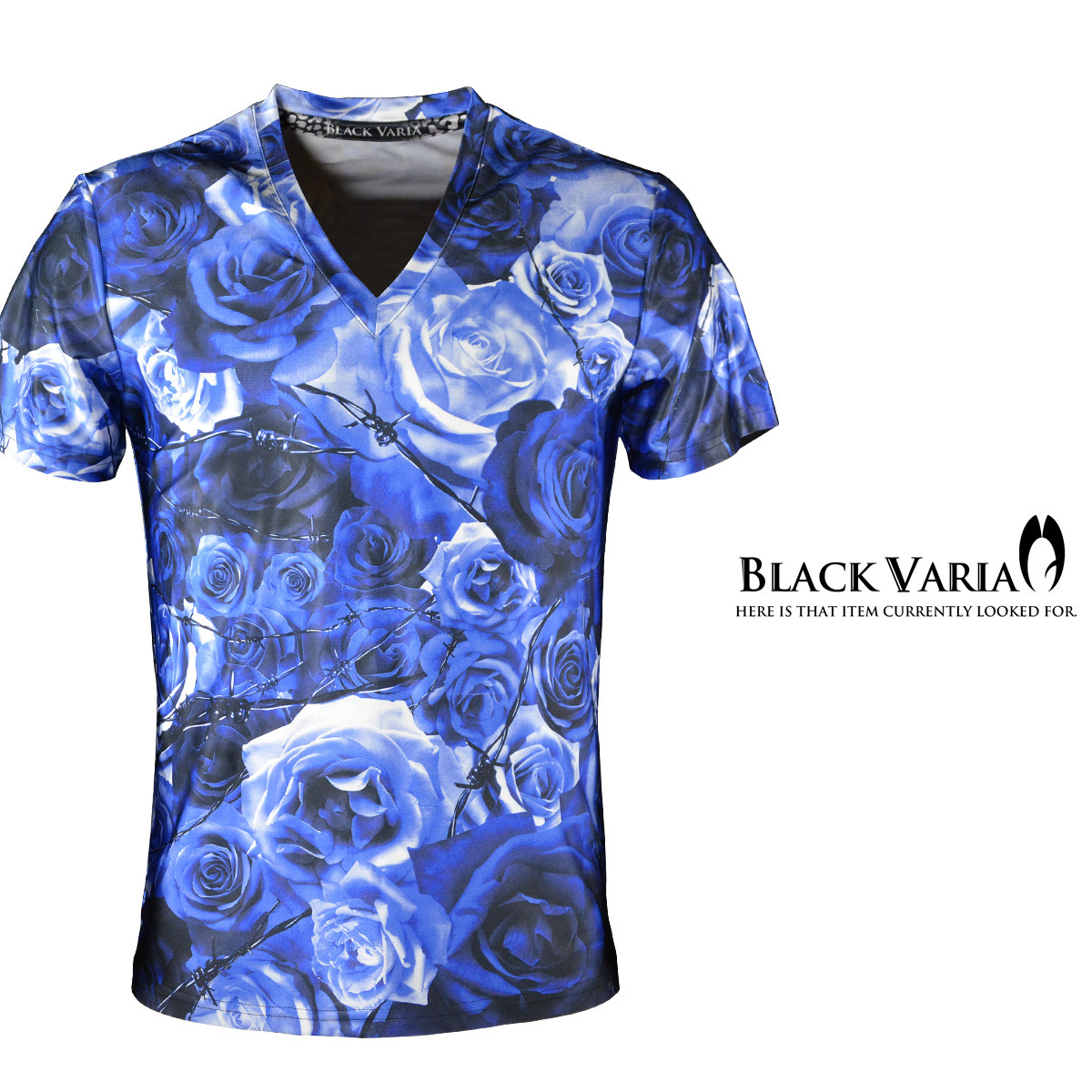 9#bv05-bl BLACK VARIA 薔薇 大輪 花 有刺鉄線 プレミアム Vネック 半袖Tシャツ メンズ(ブルー青) 3L ステージ 吸水速乾＆2wayストレッチ_画像1