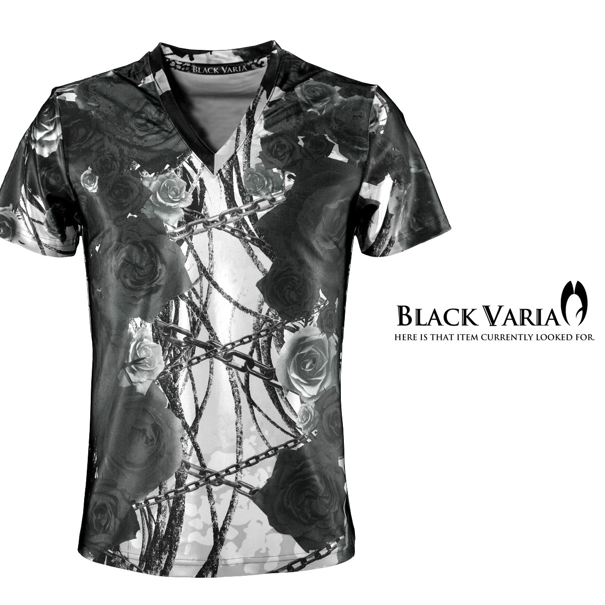 割引 9#bv06-bk BLACK VARIA 薔薇 バラ 花 チェーン柄 プレミアム Vネック半袖Tシャツ メンズ(ブラック黒) LL 日本製 吸水速乾＆2wayストレッチ 柄もの