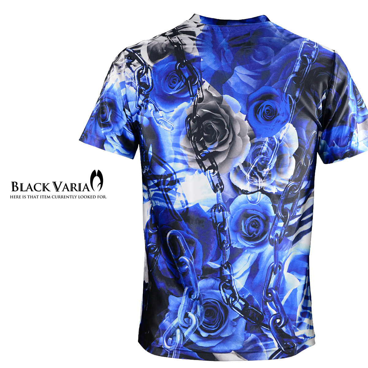 9#bv10-bl BLACK VARIA 薔薇 花 チェーン ゼブラ プレミアム Vネック 半袖Tシャツ メンズ(ブルー青) M 日本製 吸水速乾＆2wayストレッチ_画像5
