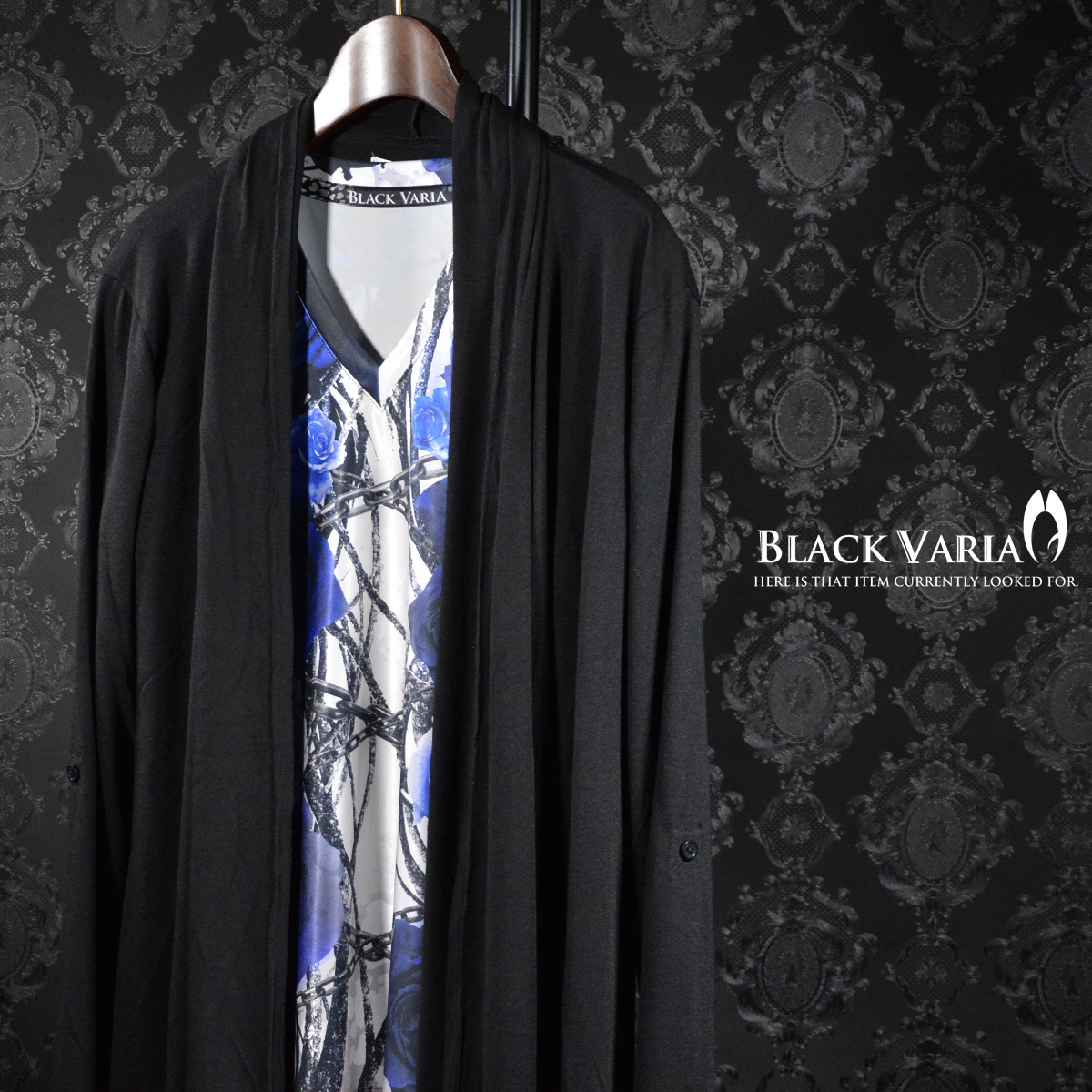 9#bv06-bl BLACK VARIA 薔薇 バラ 花 チェーン柄 プレミアム Vネック半袖Tシャツ メンズ(ブルー青) LL 日本製 吸水速乾＆2wayストレッチ_画像5