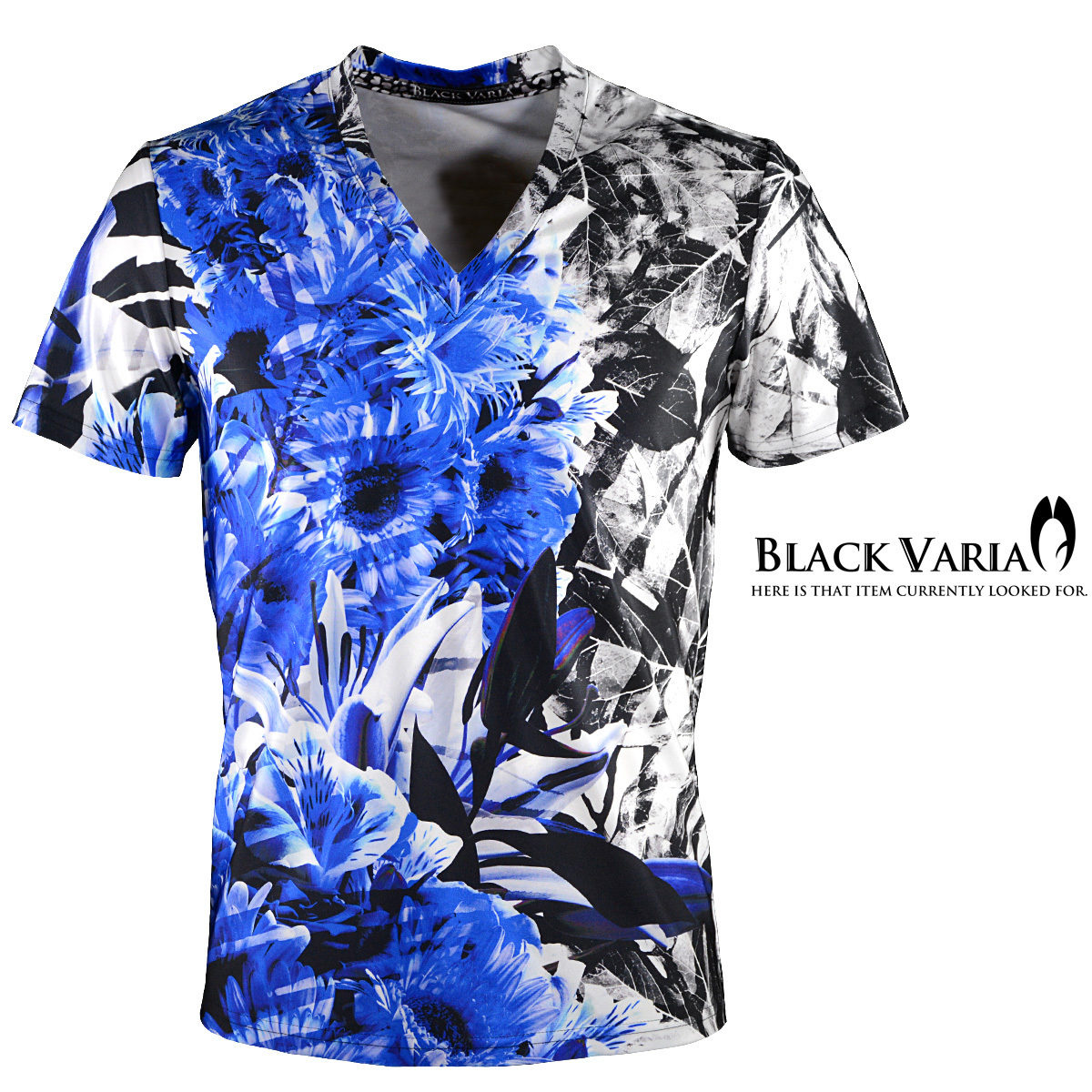 9#bv08-bl BLACK VARIA ボタニカル 葉柄 花柄 プレミアム Vネック 半袖Tシャツ メンズ(ブルー青) M 日本製 吸水速乾＆2wayストレッチ_画像1