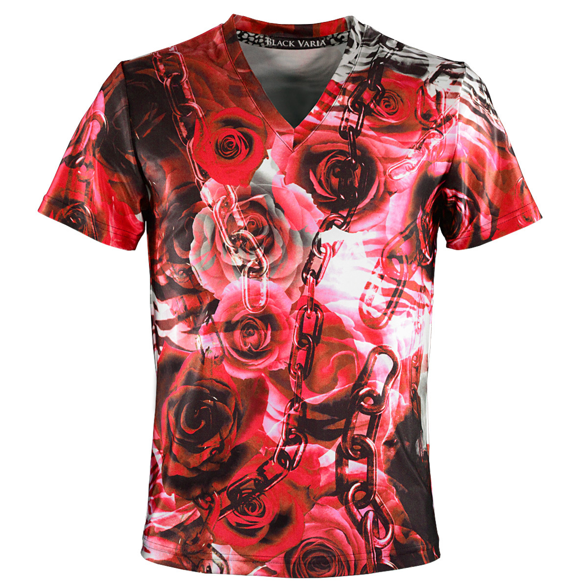 9#bv10-re BLACK VARIA 薔薇 花 チェーン ゼブラ プレミアム Vネック 半袖Tシャツ メンズ(レッド赤) L 日本製 吸水速乾＆2wayストレッチ 柄もの