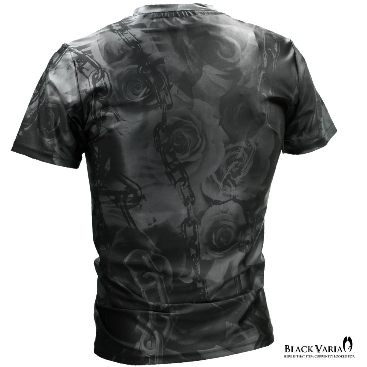 9#bv10-gybk BLACK VARIA 薔薇 花 チェーン ゼブラ プレミアムVネック半袖Tシャツ メンズ(ブラック黒グレー灰) M 吸水速乾 2wayストレッチ_画像4