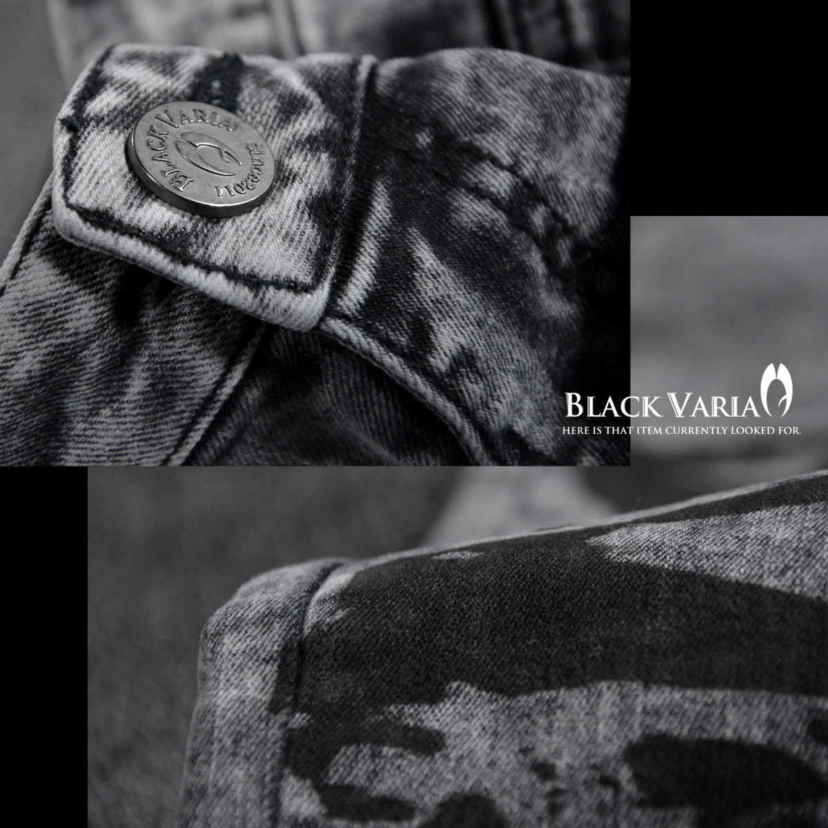 0#zkk030-bk BLACK VARIA スキニーデニム ゼブラ柄 カモフラ迷彩 ケミカルウォッシュ メンズ ストレッチストレートパンツ(黒グレー) M30_画像6