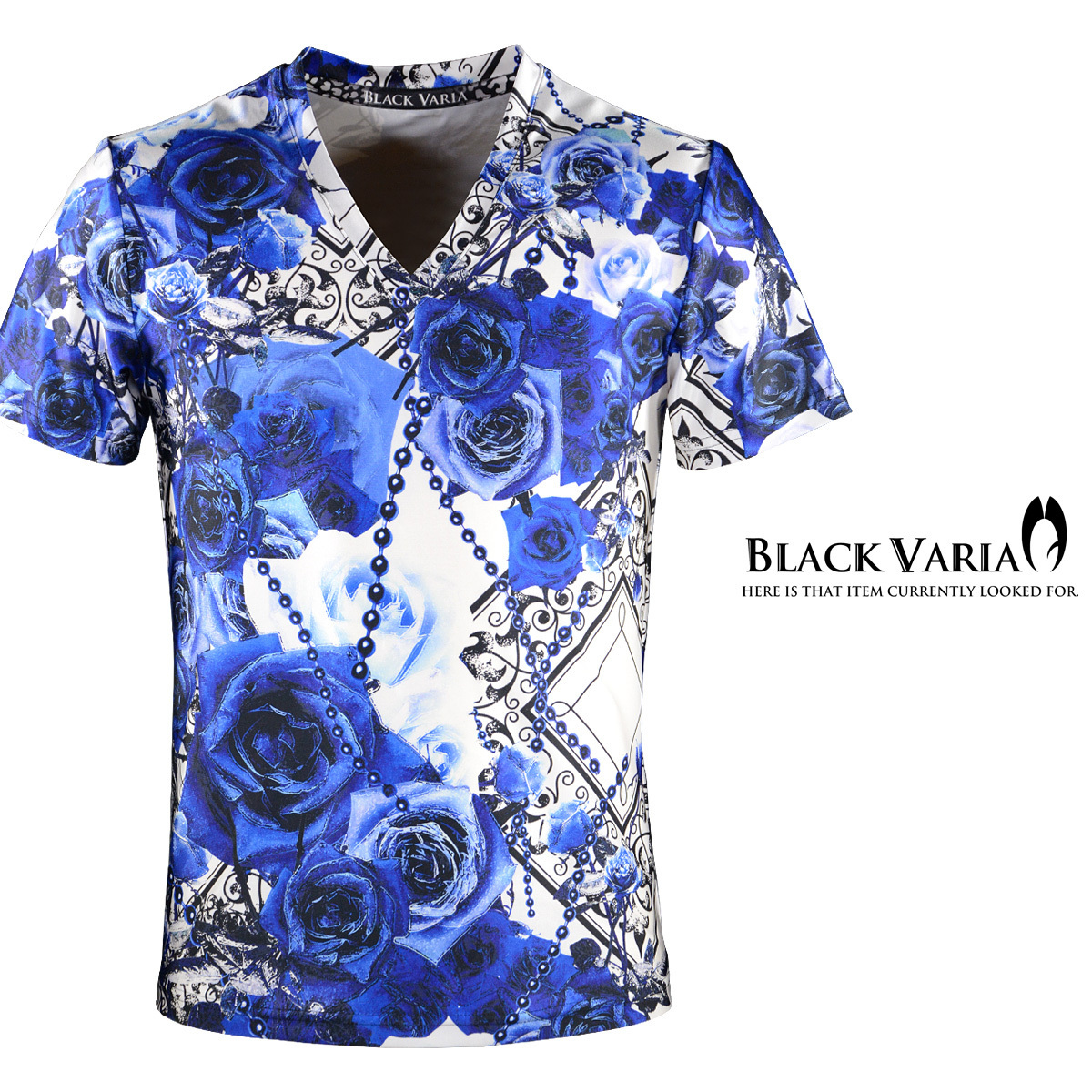 9#bv09-bl BLACK VARIA バラ花柄 ボールチェーン プレミアム Vネック 半袖Tシャツ メンズ(ブルー青) L 日本製 吸水速乾＆2wayストレッチ