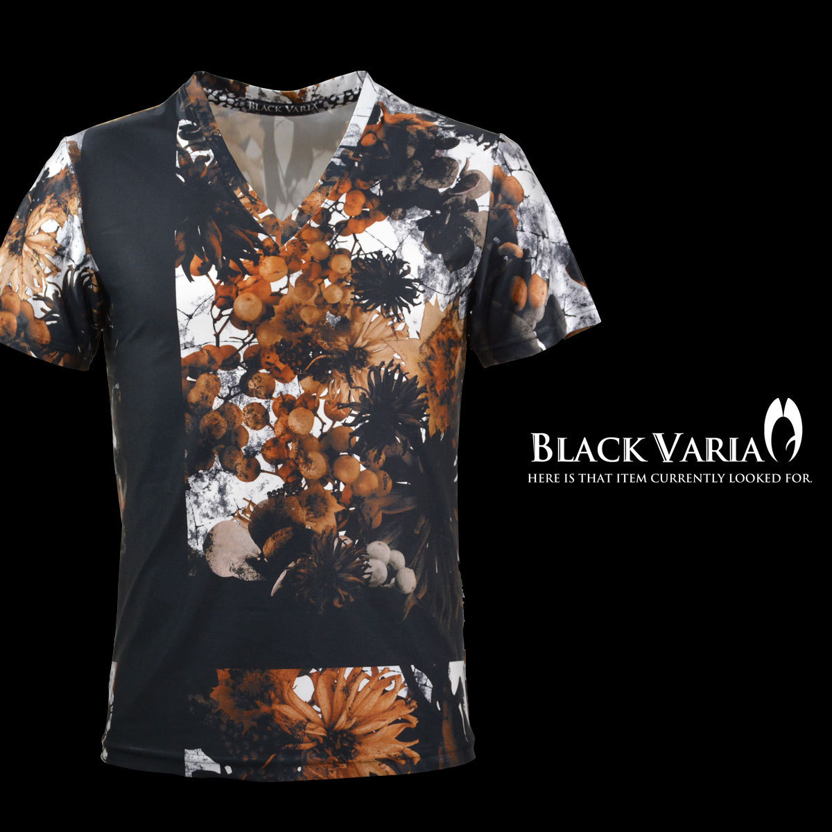 9#bv02-br BLACK VARIA プレミアム ボタニカル 黒十字 Vネック半袖Tシャツ メンズ(ブラック黒) L 日本製 吸水速乾＆2wayストレッチ_画像1