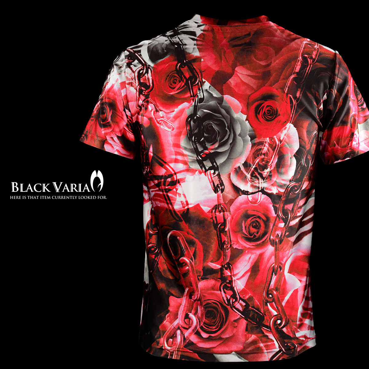 9#bv10-re BLACK VARIA 薔薇 花 チェーン ゼブラ プレミアム Vネック 半袖Tシャツ メンズ(レッド赤) LL 日本製 吸水速乾＆2wayストレッチ_画像6