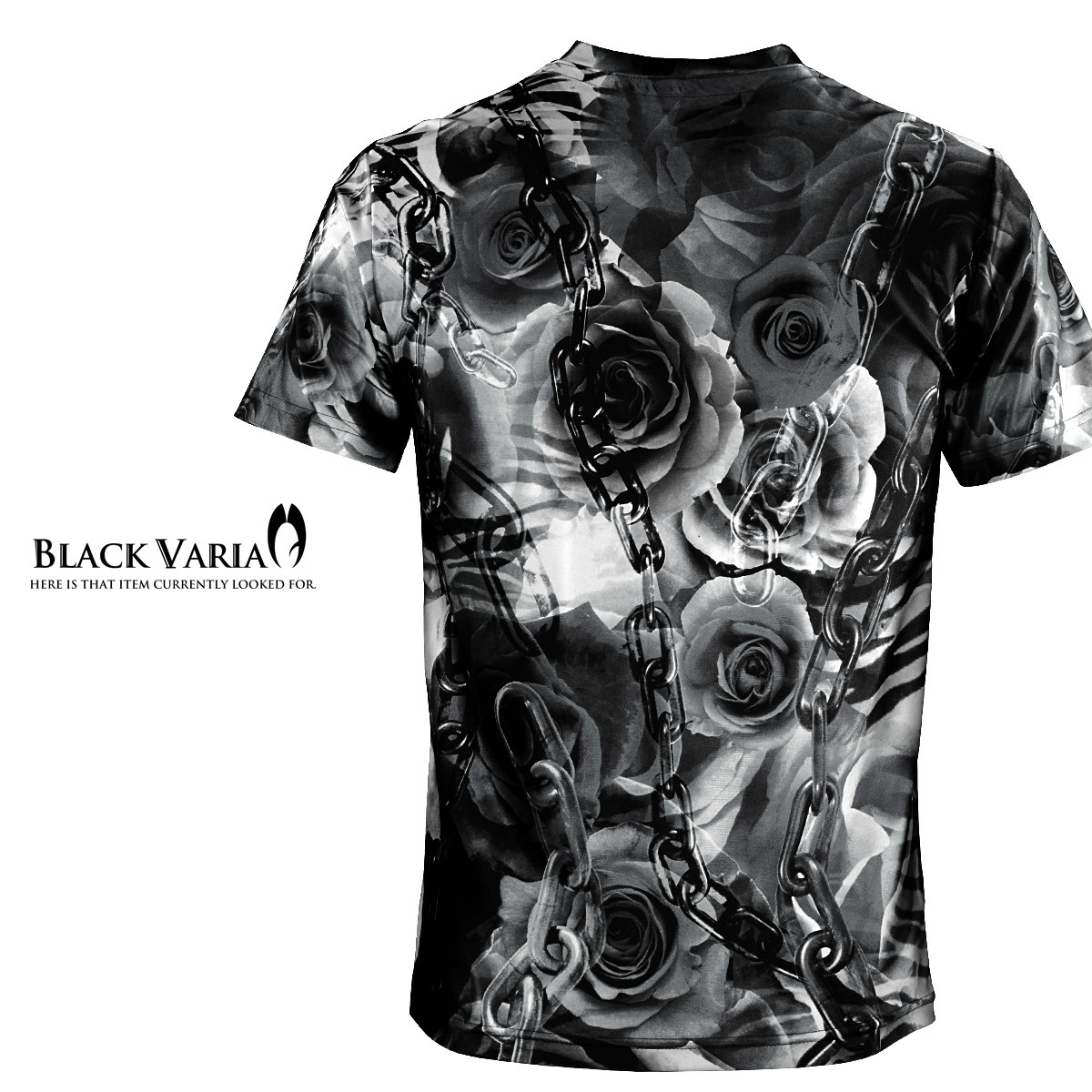 9#bv10-bk BLACK VARIA 薔薇 花 チェーン ゼブラ プレミアム Vネック 半袖Tシャツ メンズ(ブラック黒) LL 日本製 吸水速乾＆2wayストレッチ_画像5